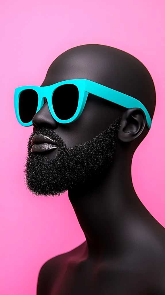 A close-up profile shot of a black mannequin head and shoulders against a vibrant pink background. The mannequin is wearing bright teal sunglasses and has a meticulously groomed black beard.  The image's contrast between the dark mannequin and bright background creates a striking, bold aesthetic. The style is modern and fashion-forward.