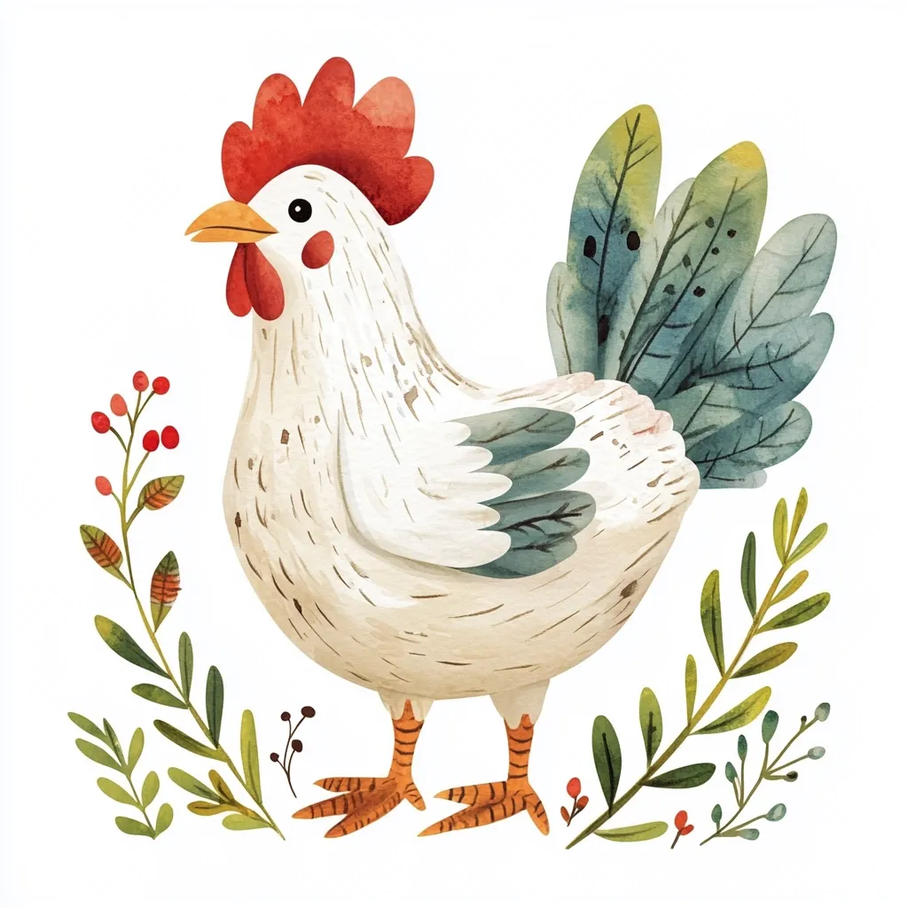 A charming watercolor illustration depicts a hen standing amidst a wreath of stylized foliage. The hen is predominantly white with a red comb and teal-blue tail feathers.  The leaves and berries in the wreath are rendered in soft greens and reds, creating a rustic, idyllic scene. The style is whimsical and slightly textured.