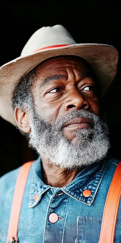 Close-up portrait of an elderly Black man with a weathered face, a full white beard, and kind eyes. He wears a light-beige hat with an orange band, a denim jacket, and orange suspenders.  His gaze is directed upward and to the side, suggesting contemplation or a thoughtful moment. The dark background emphasizes the subject's features and the texture of his clothing.