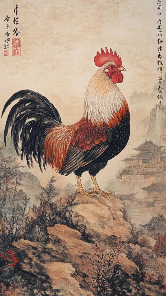 A detailed painting depicts a rooster perched on a rocky outcrop, overlooking a misty landscape. The rooster's plumage is vibrantly colored, with hues of red, brown, and black.  Its proud stance and sharp details contrast with the soft, hazy background featuring stylized trees and distant buildings suggesting a traditional Asian setting.  The artwork utilizes a muted color palette, enhancing the overall serene atmosphere.  Calligraphy is visible on the top right and left sides.