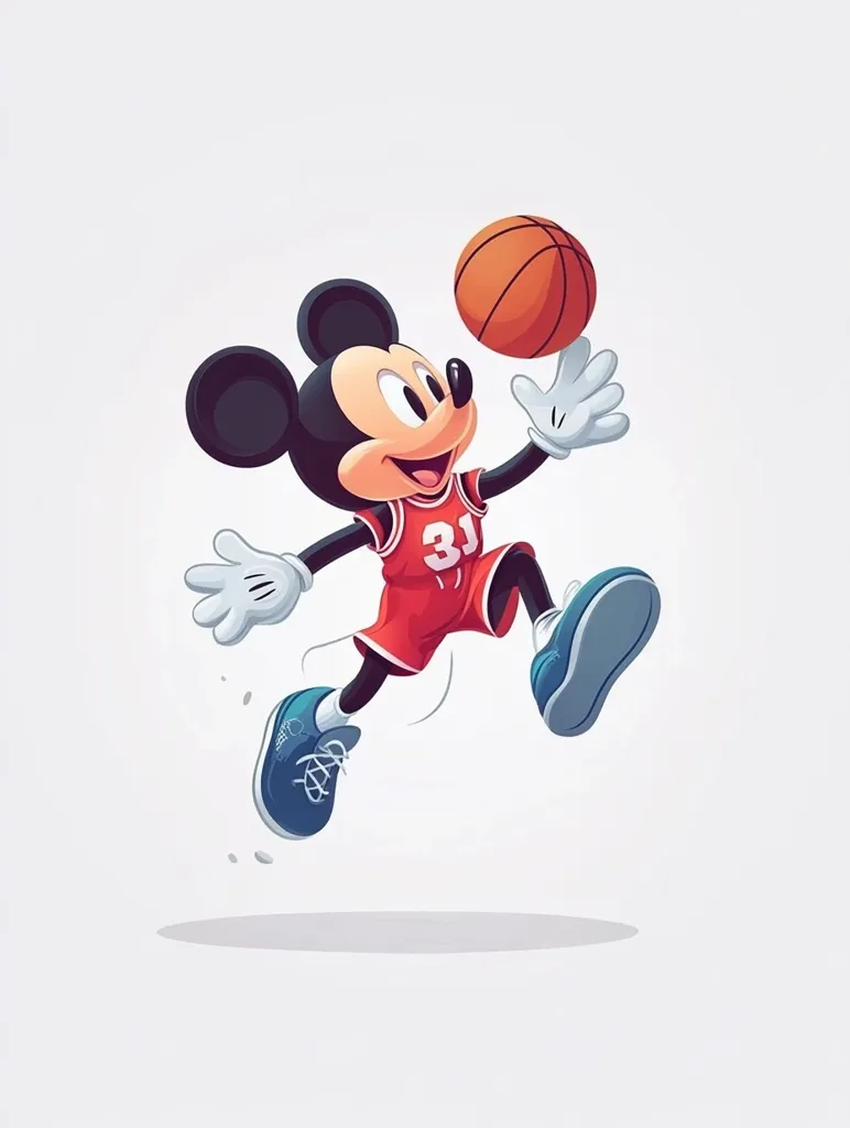 Mickey Mouse, in a red basketball jersey with the number 31, is depicted mid-air, playfully shooting a basketball.  His signature large ears and joyful expression are prominent.  He's wearing blue sneakers and is shown in dynamic motion, showcasing a lively and energetic pose. The style is cartoonish and vibrant, against a simple off-white background.