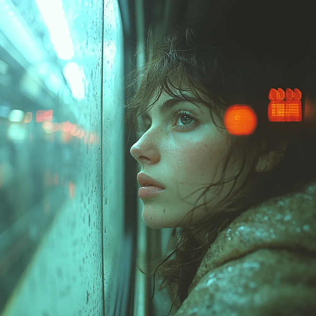 A young woman with dark, wet hair gazes out a rain-streaked window of a moving vehicle.  The blurred city lights reflect in the glass, creating a melancholic, teal-toned atmosphere. Her expression is pensive, her gaze directed towards an unseen destination. The overall mood is one of quiet contemplation and perhaps loneliness.