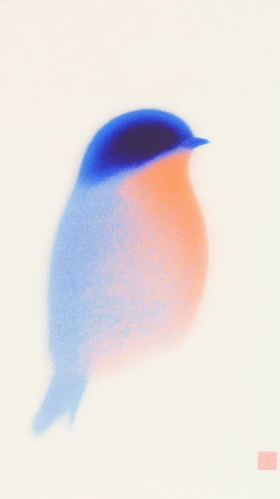 A minimalist painting depicts a bird rendered in soft, pastel hues.  The bird's head is a deep blue, transitioning to a light peachy-orange body and pale blue wings and tail.  The style is impressionistic, with a textured, almost watercolor-like effect, set against a blank, off-white background. A small, red square seal is visible in the bottom right corner.