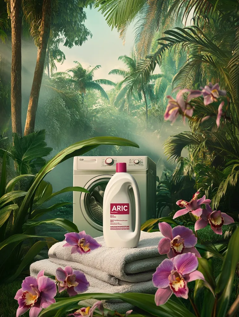 A bottle of ARIC laundry detergent sits atop a stack of fluffy white towels in a lush, tropical jungle setting.  A modern washing machine is visible in the background, partially obscured by vibrant green foliage and blooming orchids. The scene evokes a feeling of freshness and natural cleanliness.  The overall aesthetic is serene and idyllic.