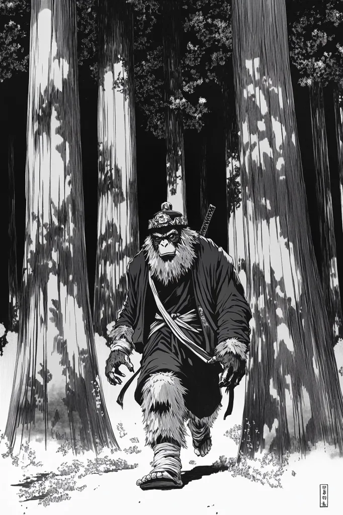 A monochromatic illustration depicts a hairy, ape-like samurai, clad in traditional Japanese attire, traversing a dense forest.  The creature carries a katana, its fur and clothing intricately detailed.  The stark contrast between the dark trees and the lighter figure creates a dramatic and evocative scene reminiscent of Japanese woodblock prints. The style is reminiscent of graphic novels.