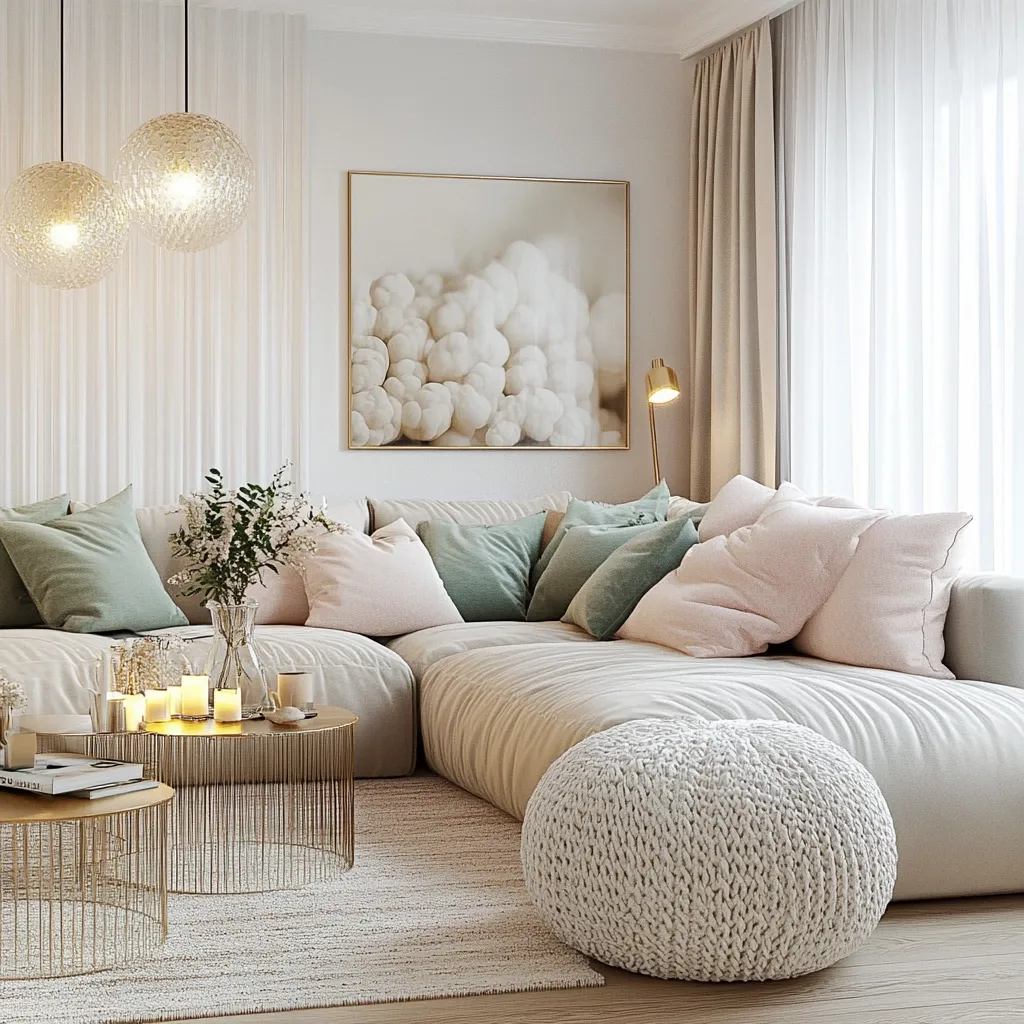 A serene living room features a large, modular beige sofa adorned with blush pink and sage green pillows.  Three gold globe pendant lights illuminate the space above a low, gold-framed coffee table displaying candles and a floral arrangement. A large, abstract art piece depicting white blossoms hangs on the wall, complementing the neutral color palette and soft textures of the room. A chunky knit ottoman rests on a light beige rug.  Sheer curtains filter sunlight through the large windows.