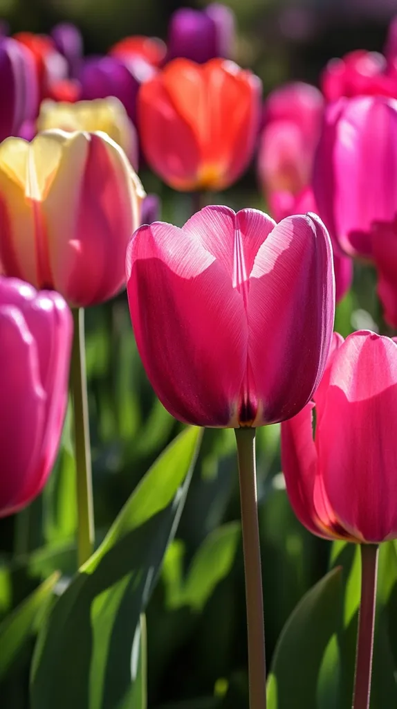 A vibrant close-up captures a field of tulips bathed in sunlight.  The focus is on a deep pink tulip in the foreground, its petals delicately unfurling.  Surrounding it are a variety of tulips in shades of pink, purple, orange, and yellow, creating a colorful and cheerful springtime scene.  The lush green leaves provide a vibrant contrast to the blossoms.