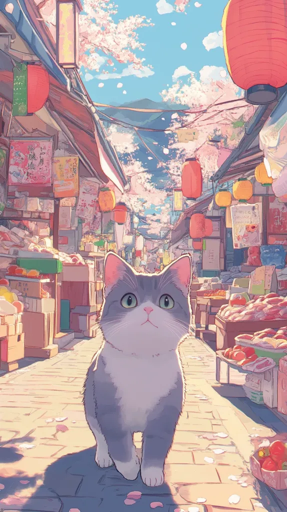 A cute grey and white kitten stands in the middle of a charming, narrow street lined with shops and cherry blossom trees.  Pastel-colored lanterns hang overhead, casting a warm glow.  The scene is idyllic and peaceful, with falling cherry blossoms adding to the magical atmosphere.  The shops display vibrant fruits and vegetables, suggesting a bustling market.