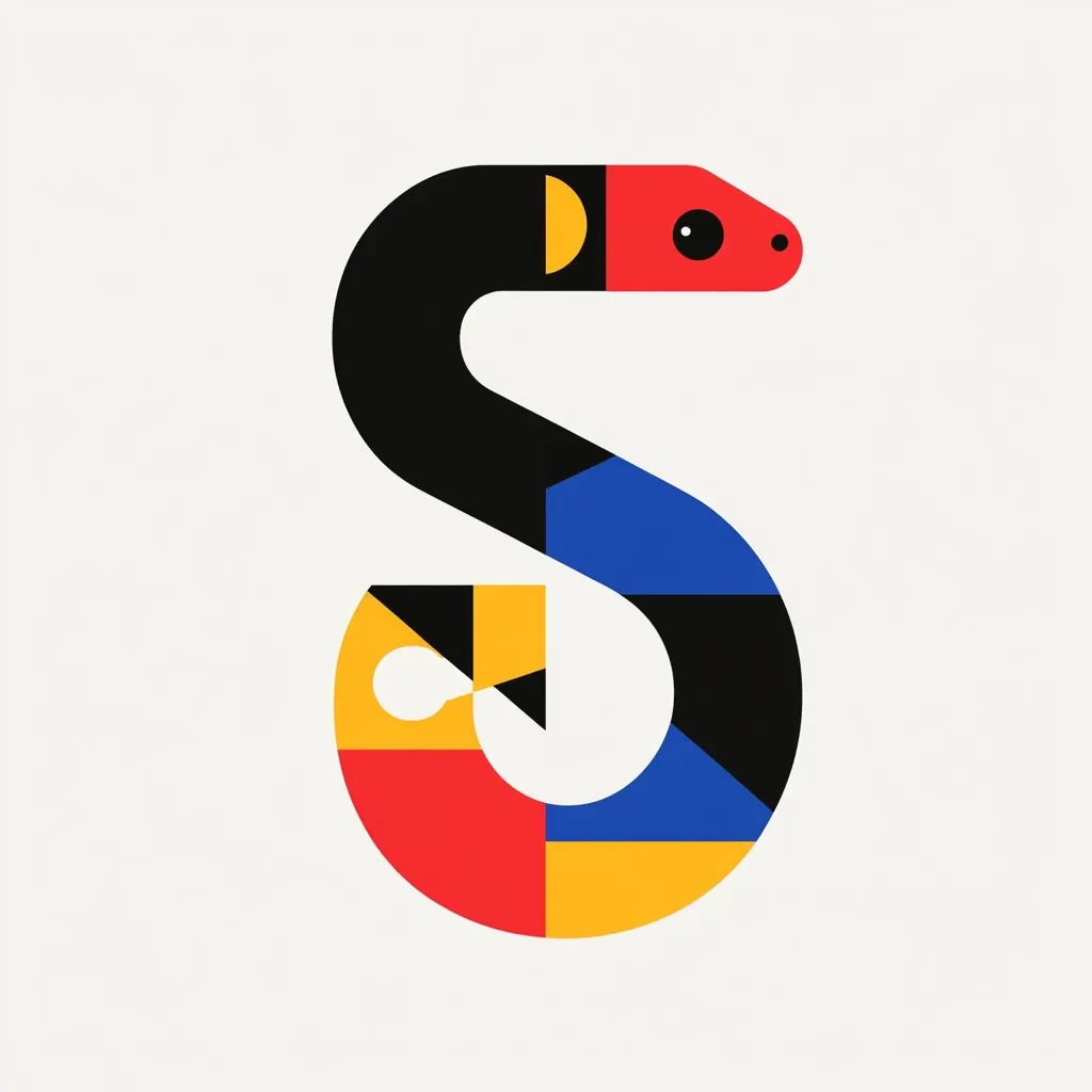 A stylized snake, shaped like the letter 'S', is depicted in a geometric design.  Its body is segmented into bold blocks of black, red, blue, and yellow.  The head is red with small, simple eyes, and the overall style is minimalist and modern, reminiscent of abstract art or a logo.