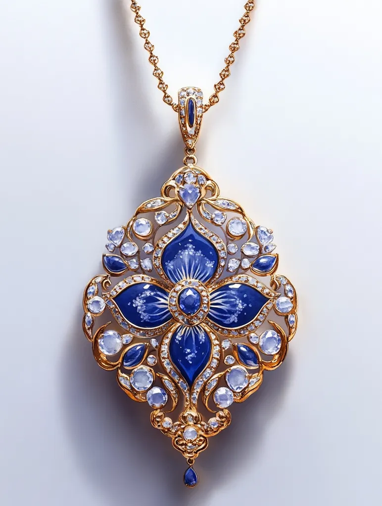 An exquisite gold pendant necklace features a large, ornate, diamond-and-sapphire centerpiece.  The central motif is a blue enamel flower with delicate white detailing, surrounded by smaller sapphires and moonstones in an intricate gold filigree setting. The chain is a delicate gold link style. The overall design evokes a sense of regal elegance and craftsmanship.