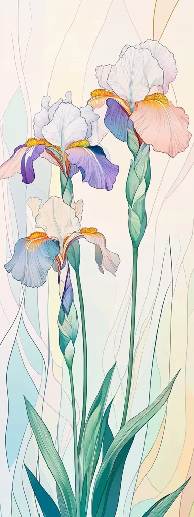A stylized illustration of three iris blossoms on slender green stems against a soft, pastel background.  The irises are depicted in delicate shades of purple, white, and peach, with hints of yellow in their centers.  The background features flowing, abstract lines creating a sense of movement and ethereal beauty. The overall style is elegant and minimalist.