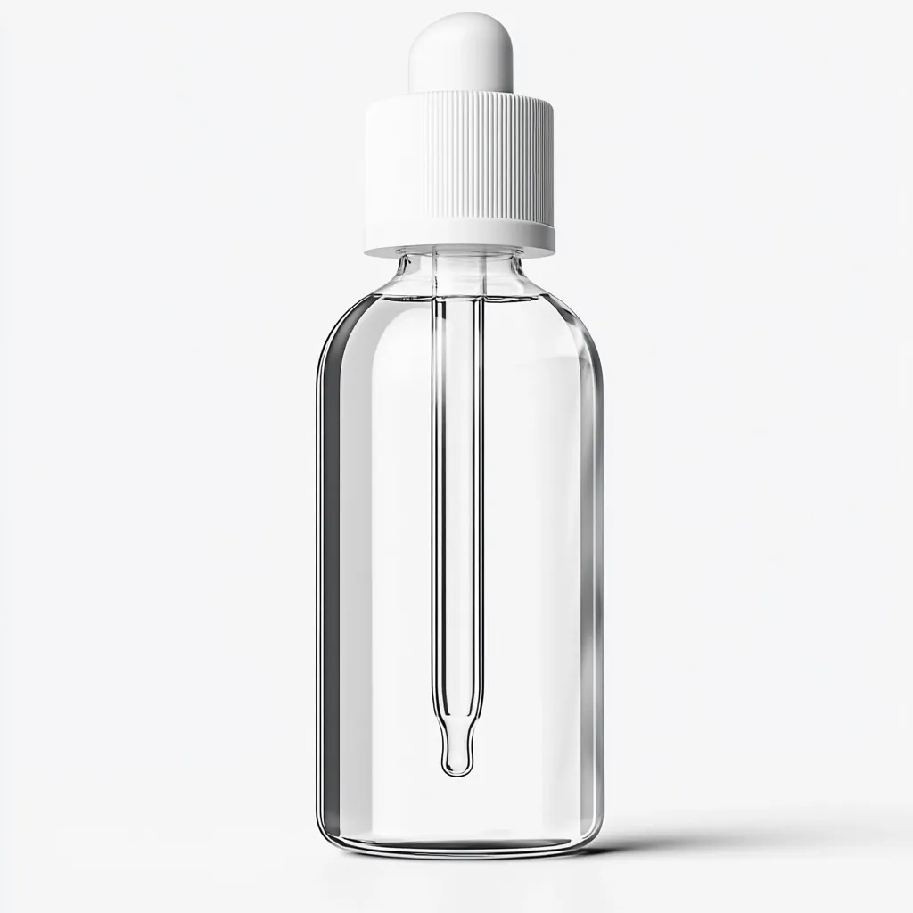 A clear glass bottle with a white dropper cap stands against a white background.  The bottle is cylindrical with slightly rounded edges, and is filled with a clear liquid.  The dropper is long and slender, extending from the cap down into the liquid. The overall impression is one of cleanliness and simplicity.
