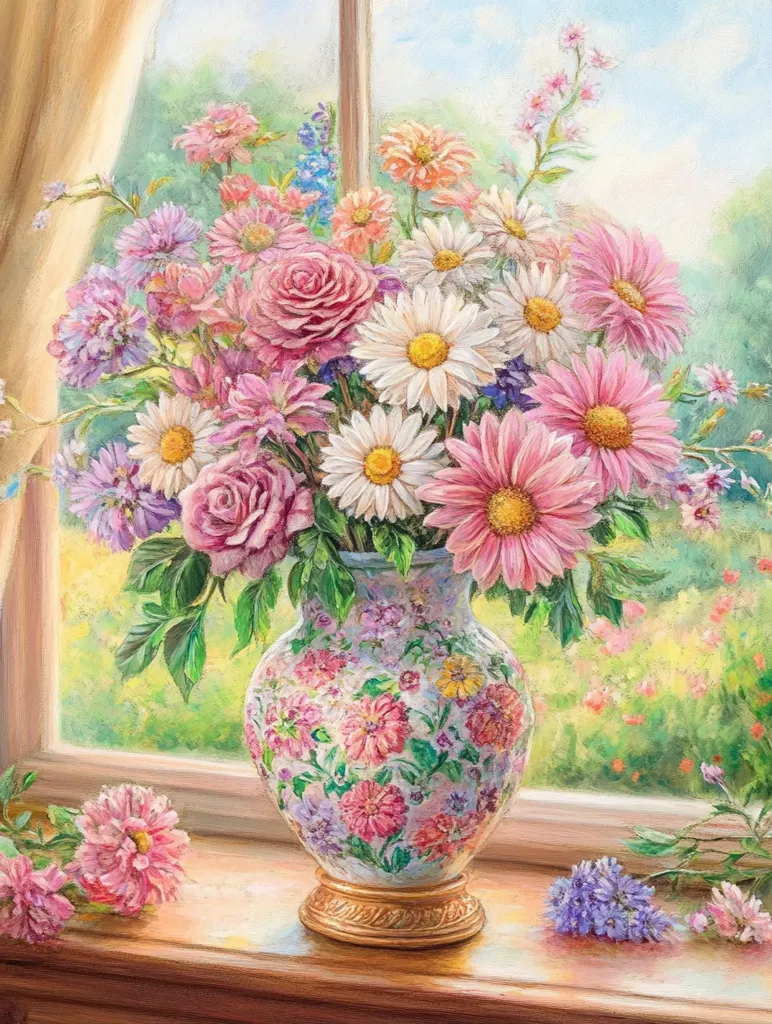 A vibrant bouquet of pink and white daisies, roses, and other wildflowers fills a decorative floral vase.  The vase sits on a windowsill, bathed in sunlight streaming from a window overlooking a garden.  The painting's soft colors and details create a serene and cheerful atmosphere.  A few additional blooms rest on the sill beside the vase, enhancing the overall floral display.