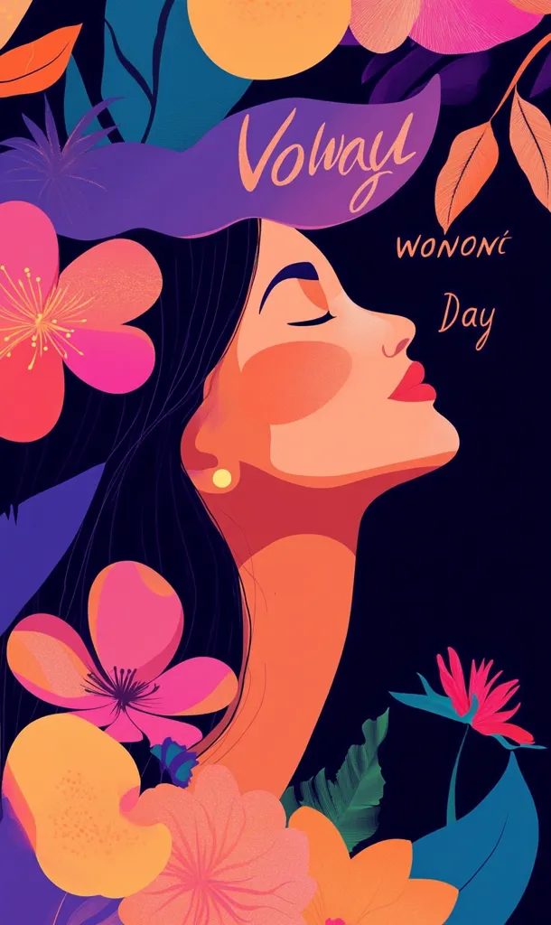 A stylized illustration features a woman's profile, eyes closed, her face bathed in warm hues against a dark background.  Vibrant, tropical flowers in pink, orange, and purple surround her, creating a lush, almost dreamlike atmosphere.  The text "Volway Wononí Day" is overlaid, suggesting a celebration or special occasion. The overall style is bold and graphic, with a focus on color and shape.