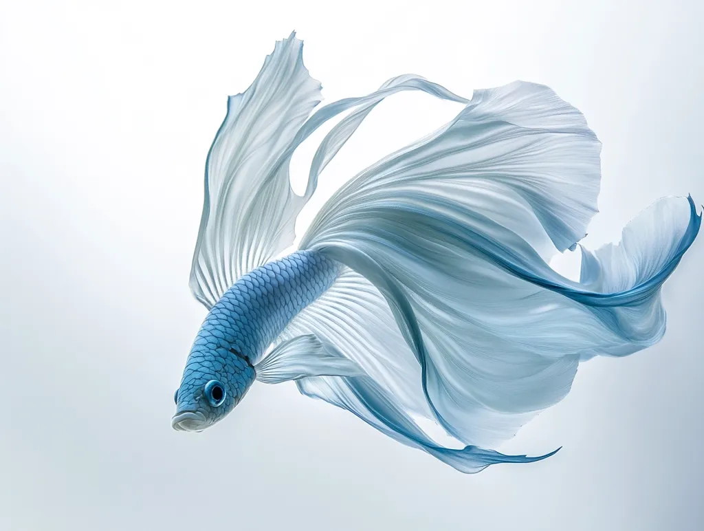 A light blue betta fish gracefully glides through the water, its long, flowing fins resembling a delicate, ethereal veil. The fish's body is a vibrant shade of blue, contrasting beautifully with the almost translucent, white fins that extend and swirl around it. The image is set against a clean, white background, emphasizing the fish's elegance and fluidity. The overall effect is one of serenity and beauty.