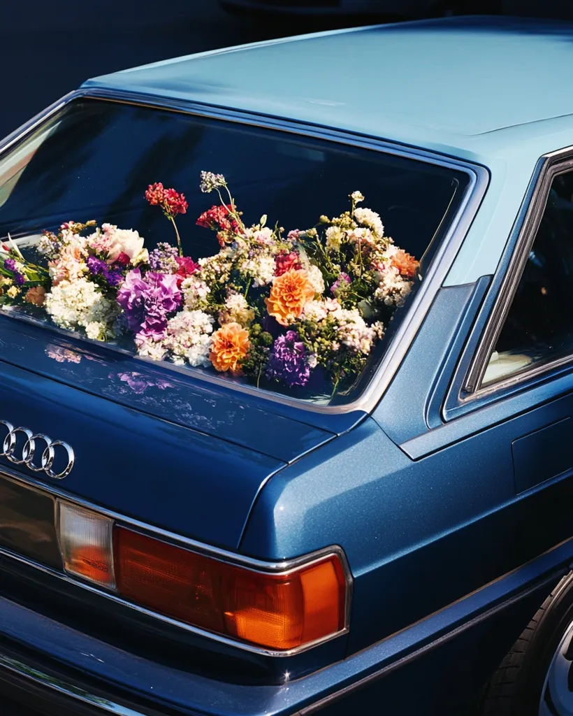 A vibrant bouquet of multicolored flowers rests on the rear window shelf of a vintage, dark blue Audi sedan. The car's sleek, metallic paint glistens in the sunlight.  The flowers, a mix of pinks, purples, oranges, and whites, create a striking contrast against the car's deep blue hue.  The overall scene evokes a feeling of romantic nostalgia.