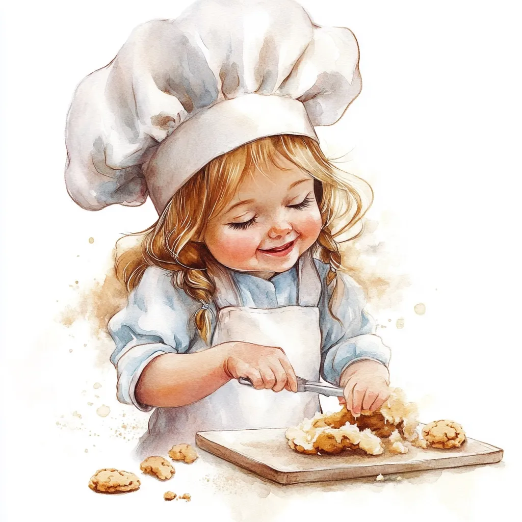 A watercolor painting depicts a charming toddler, wearing a chef's hat and apron, meticulously cutting a cookie with a small knife.  Her eyes are closed in concentration, a smile playing on her lips.  Scattered around a wooden cutting board are several more cookies, adding to the delightful scene of childlike baking. The overall style is sweet and endearing.