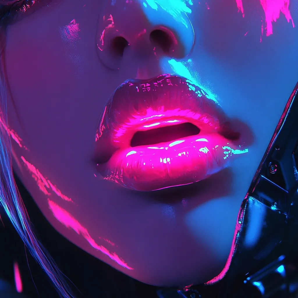 Close-up of a woman's lips, bathed in vibrant pink and blue neon light.  The glossy lips are full and slightly parted, creating a dramatic effect.  The skin appears smooth and almost wet, reflecting the intense lighting.  Part of a dark, possibly metallic, collar is visible at the bottom. The overall aesthetic is futuristic and stylized.