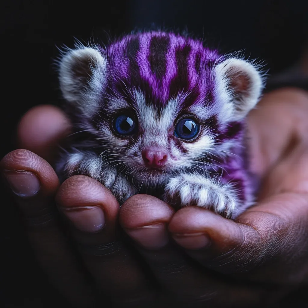 A tiny kitten, seemingly a digitally altered image, rests gently in a person's palm.  Its fur is predominantly white with vibrant purple stripes, and its large, expressive blue eyes are captivating. The kitten's small size and delicate features create a heartwarming image, enhanced by the dark background that accentuates the creature's coloring. The contrast between the kitten's vivid hues and the darker hand provides a striking visual.