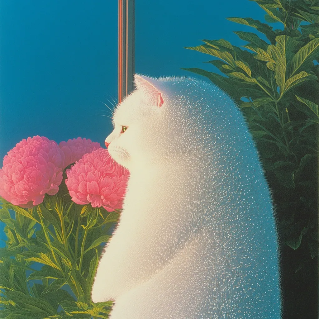 A fluffy white cat sits in profile view, gazing at a bouquet of vibrant pink peonies.  The cat's fur is meticulously detailed, appearing soft and luminous. The background features deep teal and lush green foliage, creating a striking contrast with the cat and flowers. The overall style is reminiscent of hyperrealism, showcasing a serene and elegant scene.