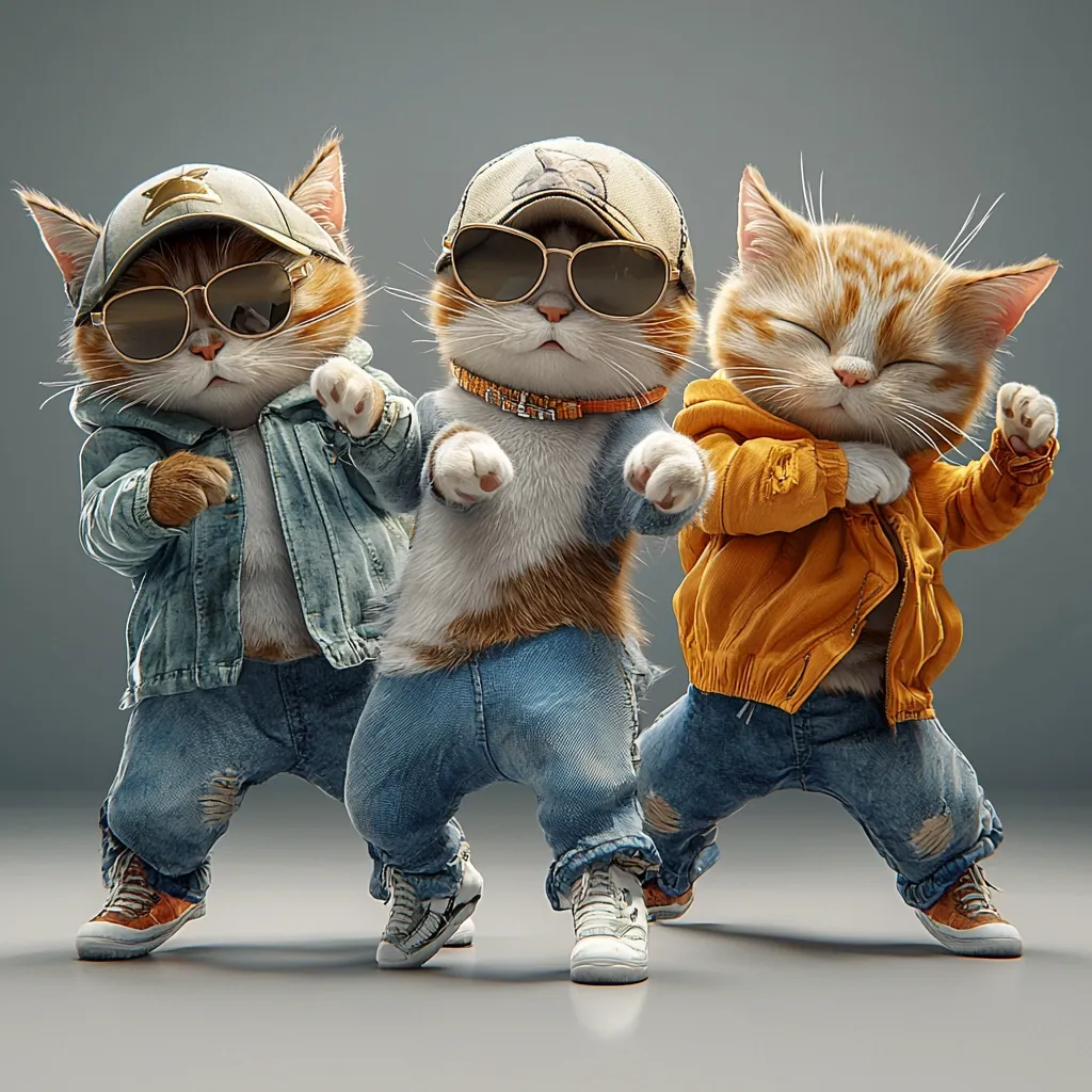 Three adorable kittens strike a playful pose, dressed in stylish denim outfits and cool accessories.  One sports a baseball cap and sunglasses, while another wears a mustard-yellow jacket. The third kitten mirrors the first's attire but with different color accents. Their trendy clothes and energetic stance create a fun and captivating image.