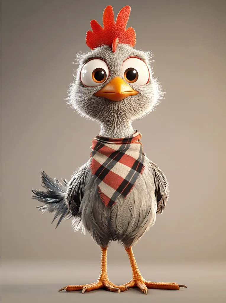 A charming, 3D-rendered chick with large, expressive eyes and fluffy gray feathers is depicted.  It sports a bright red comb and a jaunty red and white plaid bandana around its neck. The chick is standing, its orange legs and feet clearly visible.  The overall style is cute and cartoonish, suggesting a friendly and approachable character.