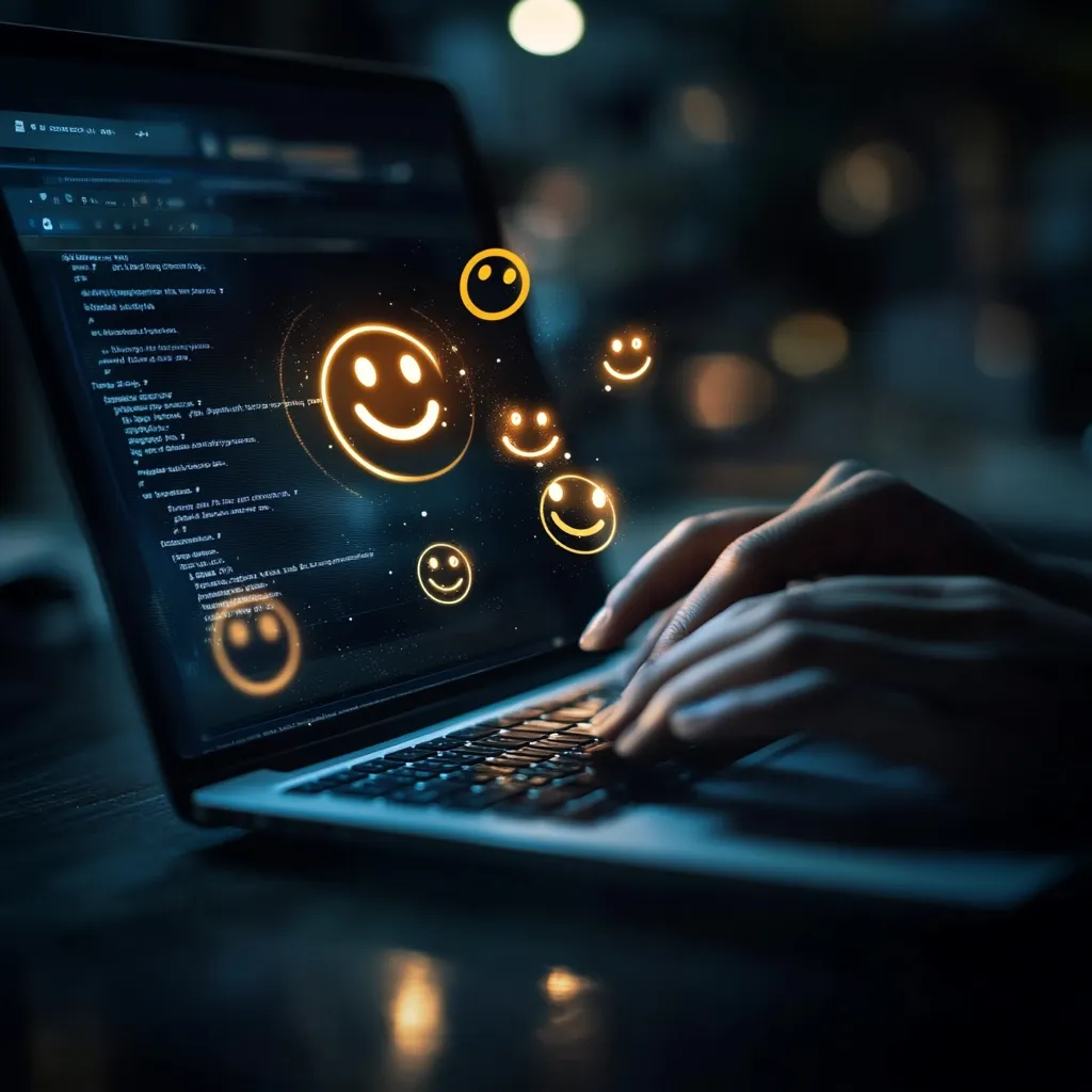 A close-up shot depicts a person's hands typing on a laptop keyboard in a dimly lit room. The laptop screen displays lines of code, and glowing smiley faces emanate from the screen, symbolizing positive feedback or user satisfaction. The image suggests the development of user-friendly software or a positive online experience.  The overall mood is one of technological progress and positive user engagement.