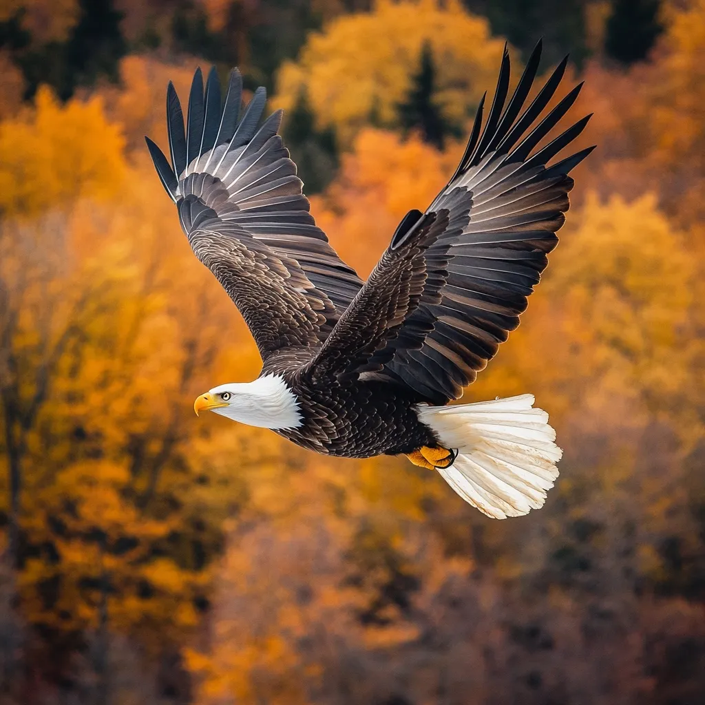 A majestic bald eagle soars through the air, its powerful wings outstretched against a vibrant backdrop of autumn foliage.  The eagle's white head and tail feathers contrast sharply with its dark brown body.  The blurred background of golden and orange leaves emphasizes the eagle's sharp focus and graceful flight.  The image conveys a sense of freedom and the beauty of nature.