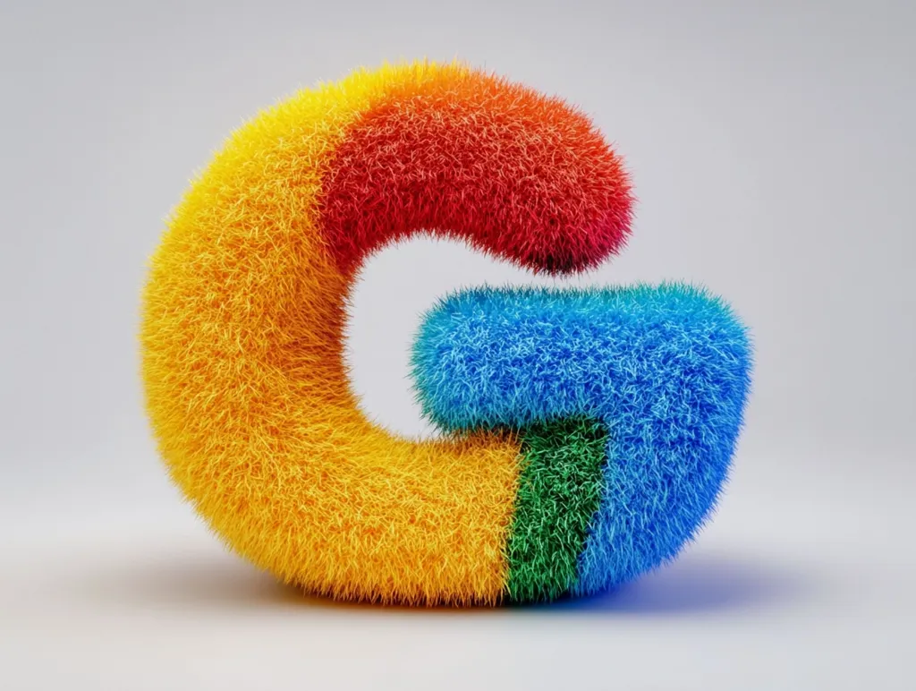 A fluffy, three-dimensional letter "G" is depicted, segmented into colored sections resembling the Google Chrome logo.  The "G" is rendered with a textured, furry appearance.  The colors are vibrant yellow, red, blue, and green, creating a playful and visually appealing image. The background is a simple, light gray, emphasizing the colorful letter.