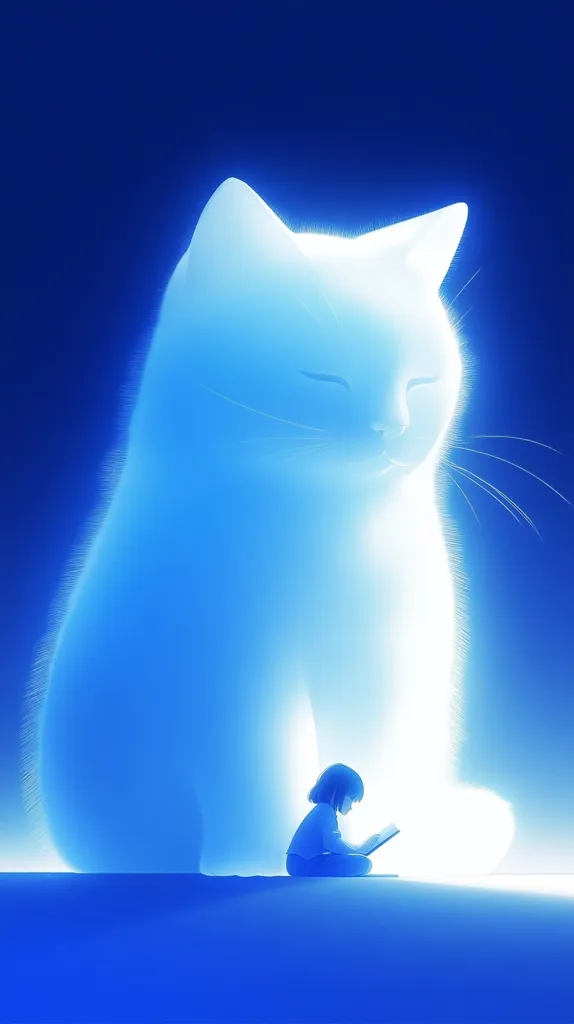 A serene digital artwork depicts a young girl engrossed in reading a book, nestled beside an enormous, luminous cat.  The cat, rendered in soft, glowing blue, exudes a tranquil aura.  The girl's silhouette is similarly subtle, bathed in the same ethereal light. The overall scene evokes a sense of calm and peaceful companionship.