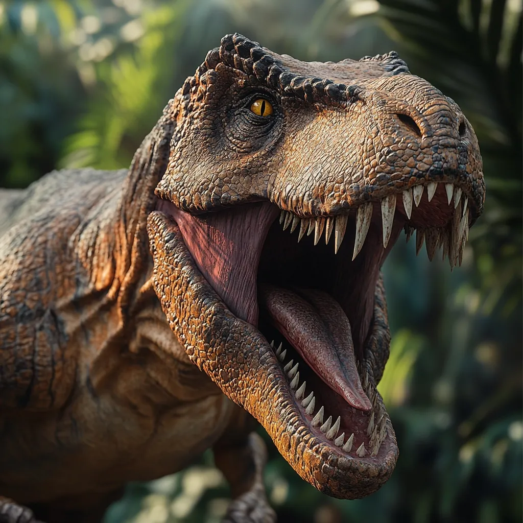A detailed close-up of a Tyrannosaurus Rex, its mouth agape revealing sharp teeth and a long tongue.  The dinosaur's skin texture is rough and scaly, its eyes intense.  The background is blurred, suggesting a lush, tropical environment.  The lighting accentuates the dinosaur's features, creating a dramatic and realistic depiction.