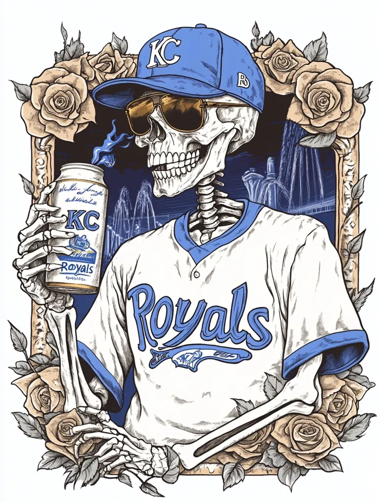 A stylized illustration depicts a skeleton wearing a Kansas City Royals baseball uniform and cap.  The skeleton holds a beer can featuring the Royals logo.  The image is framed by roses, and a background shows a cityscape, possibly Kansas City, with fountains.  The art style is detailed and uses a blend of color and linework for a graphic design effect.