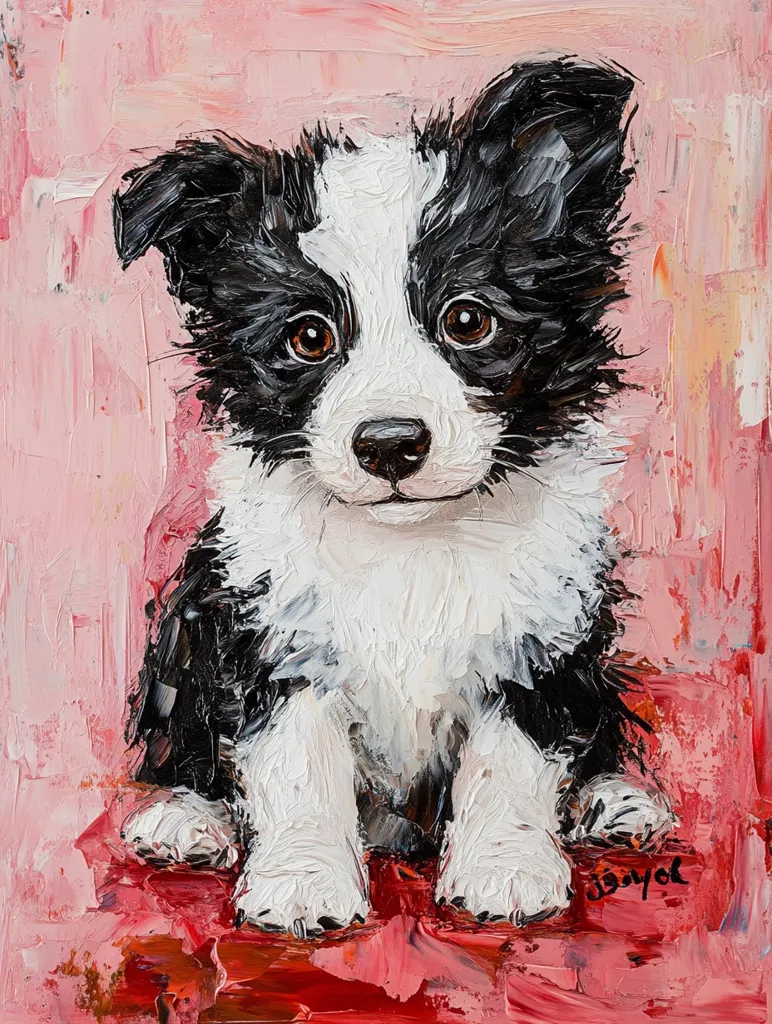 A charming painting depicts a black and white Border Collie puppy.  The puppy is sitting, its large, expressive brown eyes gazing directly at the viewer.  The artist uses thick, textured brushstrokes, creating a vibrant impasto effect.  The puppy is set against a pale pink background, and rests on a textured crimson surface, adding to the painting's overall warmth and energy.