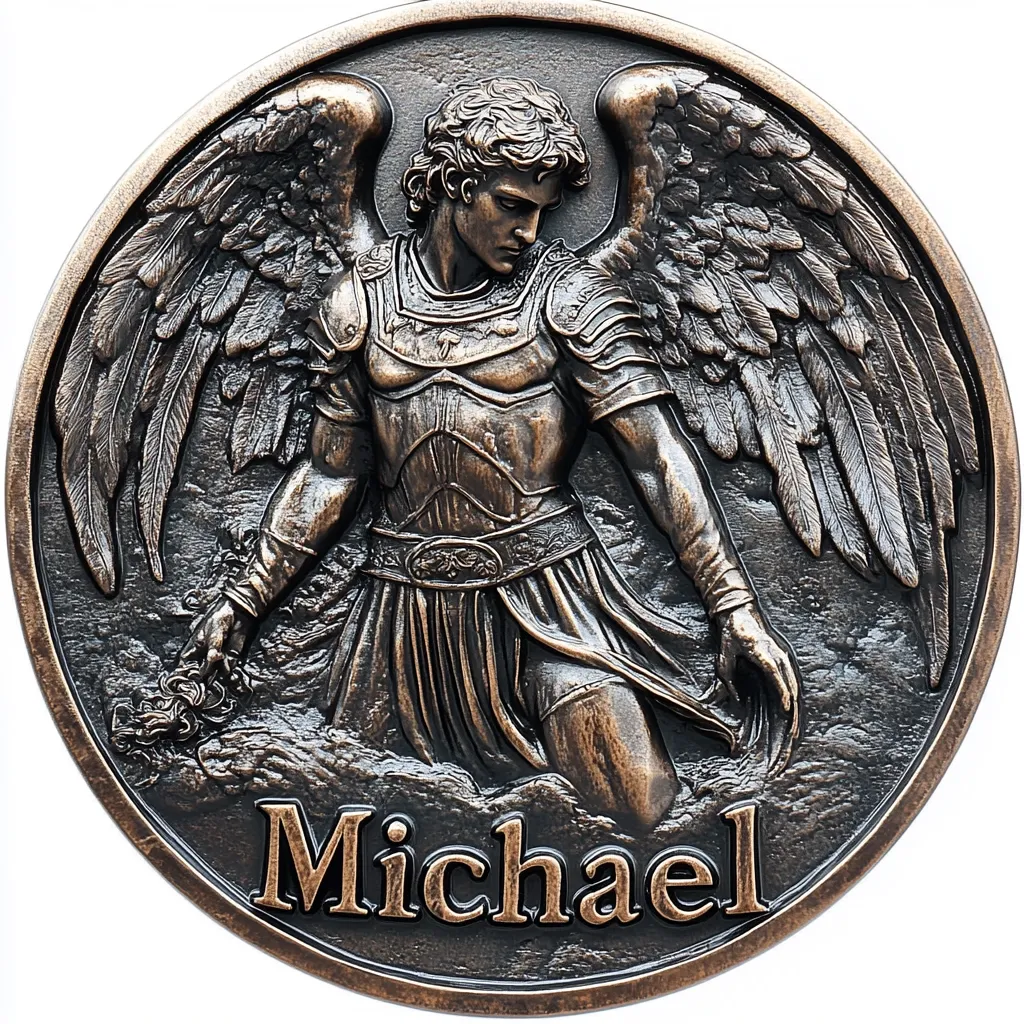 A bronze circular plaque depicts Archangel Michael, winged and armored, in a kneeling pose.  He holds a small object in his hand, possibly a flower.  The detailed sculpture is set against a textured background suggesting waves or clouds.  The name "Michael" is prominently inscribed at the bottom.  The overall style is classic and religious.
