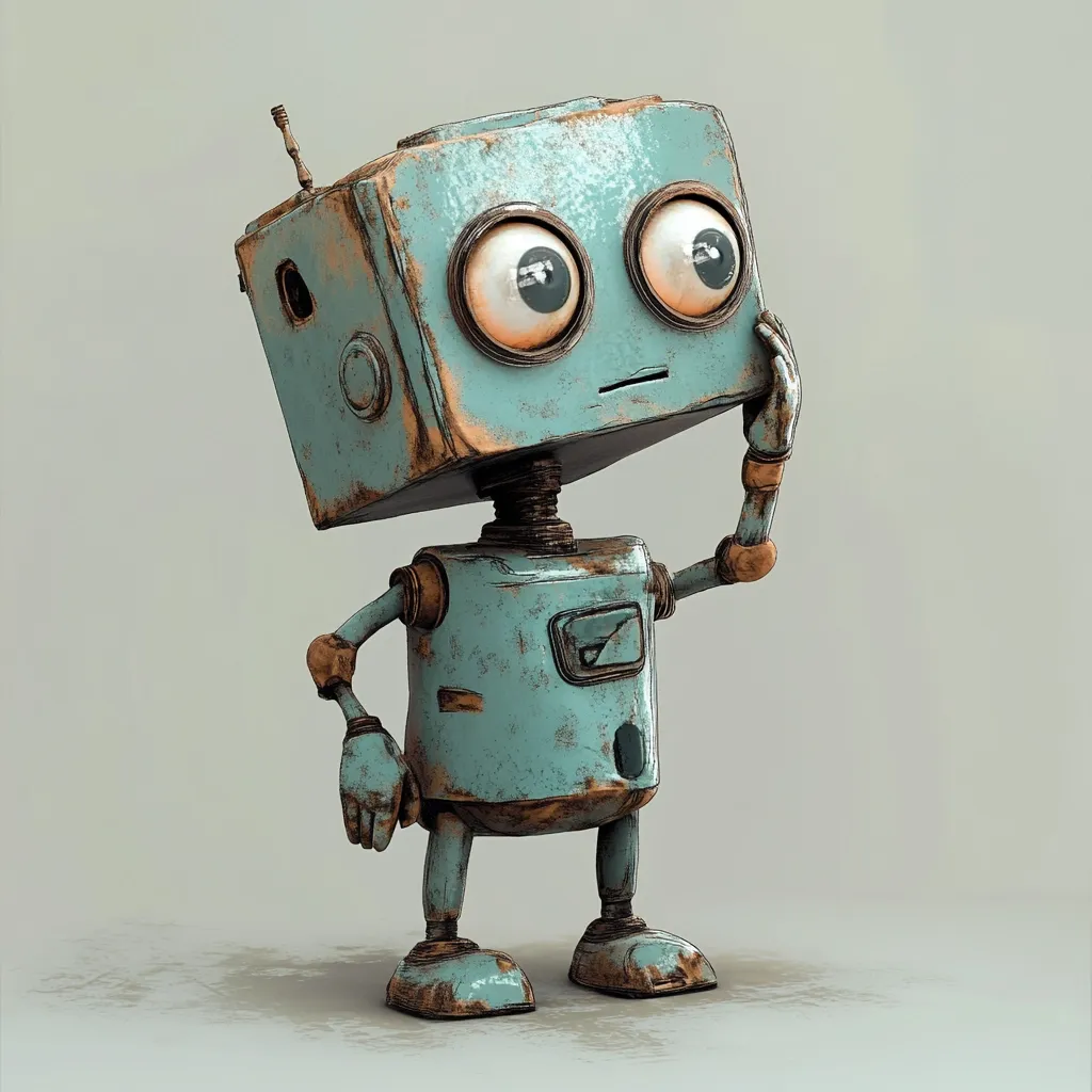 A charming, rusty teal robot with large, expressive eyes stands in a thoughtful pose, hand to chin.  Its boxy head and aged metallic body suggest a vintage design.  The robot appears curious and slightly melancholic, evoking a sense of nostalgic charm. The simple background highlights the robot's character.