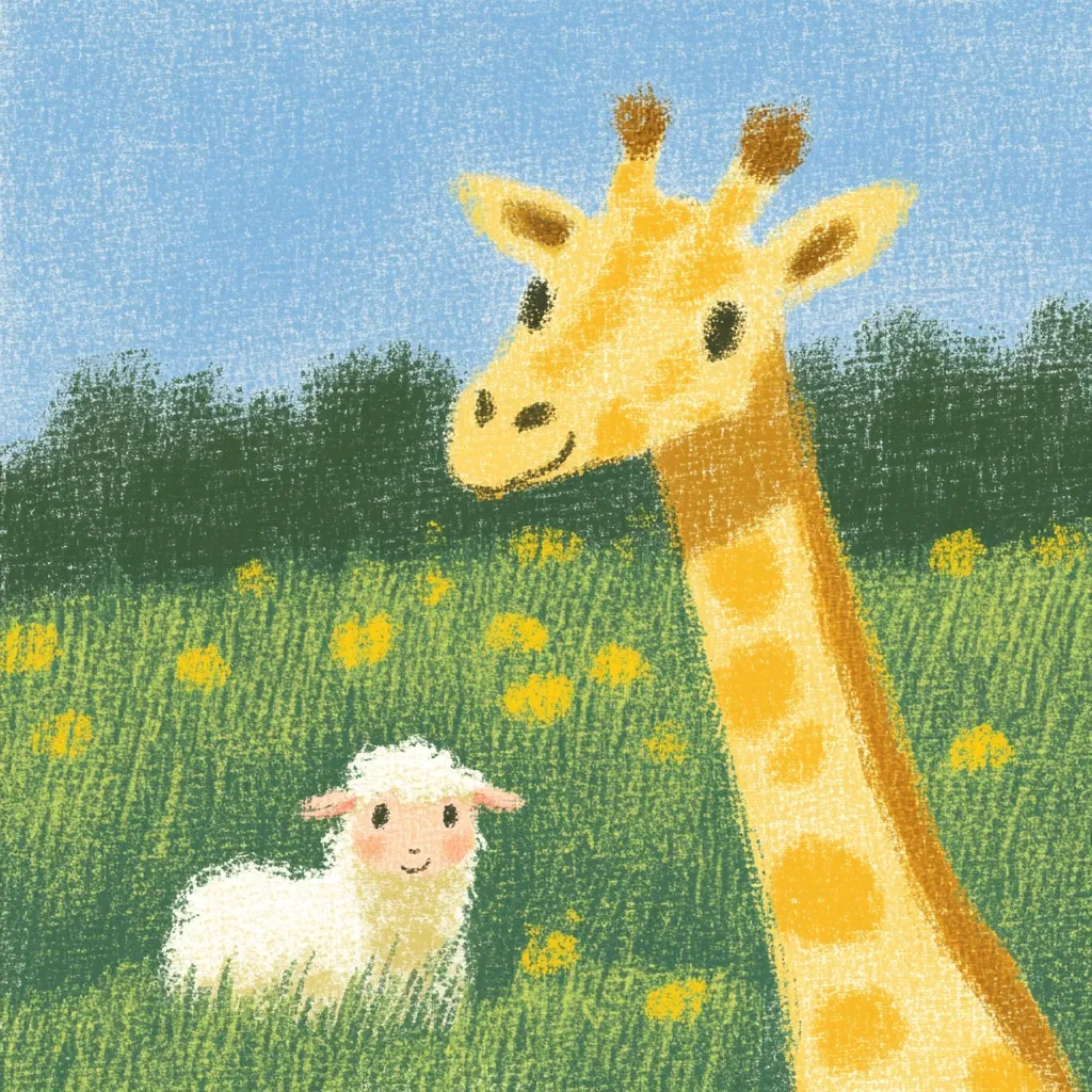 A cheerful illustration depicts a giraffe and a lamb in a field of yellow flowers.  The giraffe's neck extends into the foreground, its friendly face visible above the grassy expanse.  A small, fluffy lamb sits in the lower-left, gazing towards the giraffe. The pastel-colored artwork suggests a sunny, idyllic scene. The style is reminiscent of children's book illustrations.