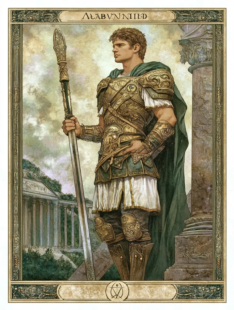 A regal young man, Alabvniled, stands majestically in ornate golden armor.  He holds a long sword and staff, his posture commanding.  The background features classical architecture, suggesting a Greco-Roman setting. The image is framed with an elegant border, giving it the appearance of a formal portrait or a piece of heraldry.