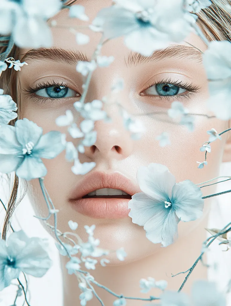 A close-up portrait of a woman's face partially obscured by delicate, light blue flowers. Her eyes are captivating, and her skin is flawlessly smooth. The soft, ethereal lighting and pastel color palette create a serene and dreamy atmosphere. The image evokes feelings of purity, beauty, and natural elegance.  The flowers delicately frame her features, creating a visually stunning composition.