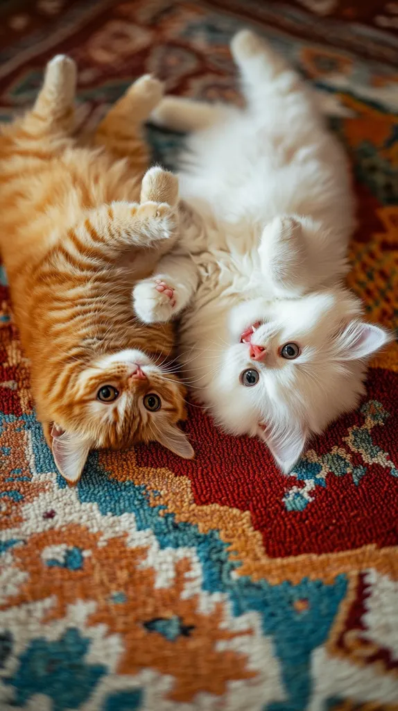 Two adorable kittens playfully tumble on a vibrant, patterned rug.  A ginger kitten and a fluffy white kitten are lying on their backs, paws in the air, displaying playful energy.  The rug's rich colors and intricate design provide a striking contrast to the kittens' soft fur.  The scene captures a moment of pure feline joy.