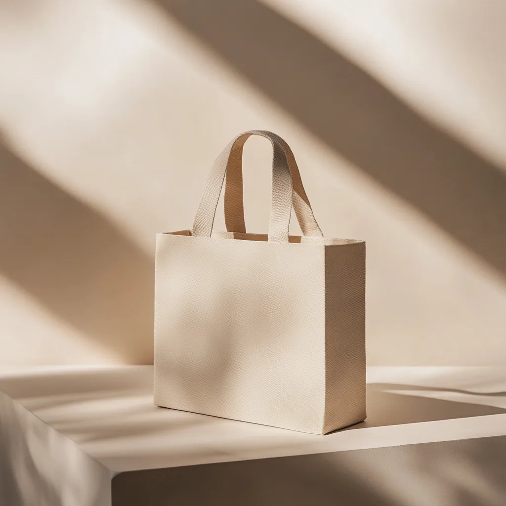 A beige canvas tote bag sits on a minimalist off-white platform.  Sunlight streams across the scene, casting shadows that highlight the bag's texture and simple design. The bag is unbranded and features short, sturdy handles.  The overall aesthetic is clean, modern, and subtly luxurious.