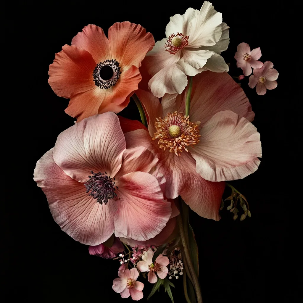 A close-up shot reveals a stunning bouquet of anemones and other delicate blossoms against a stark black backdrop.  The flowers are predominantly in shades of peach and coral, with one creamy white anemone adding contrast.  The image showcases the intricate details of each petal and stamen, creating a visually rich and elegant composition.  Smaller flowers and greenery subtly frame the main blooms.