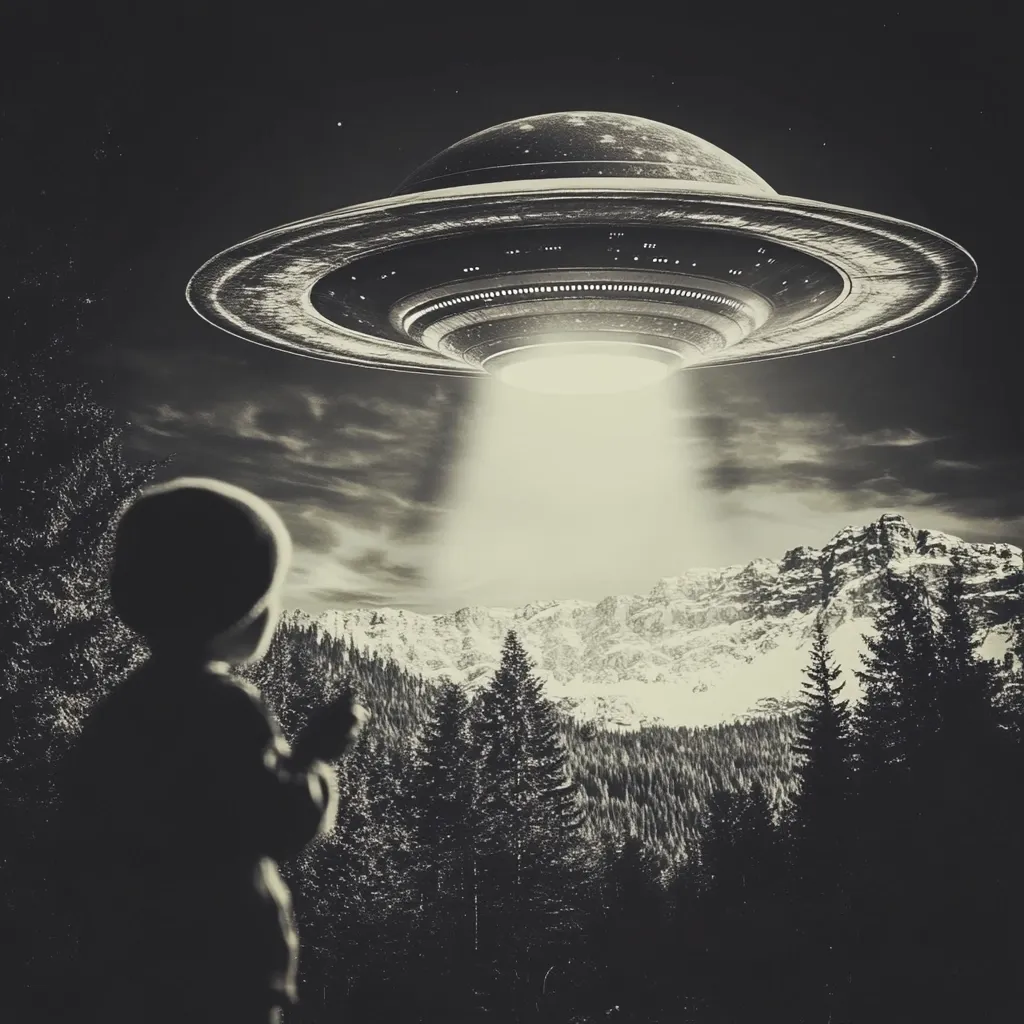 A grayscale image depicts a UFO hovering over a snow-capped mountain range, casting a bright beam of light.  A small, figure, possibly an alien child, stands in the foreground, silhouetted against the landscape, gazing upwards at the spacecraft. The scene is serene yet mysterious, evoking a sense of wonder and the unknown.  Dark evergreen trees fill the valley below the mountains.