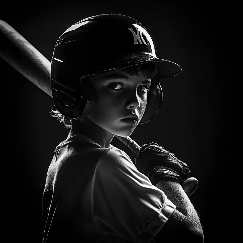 A black and white, dramatic close-up captures a young baseball player.  He's seen from the shoulders up, wearing a baseball helmet with the NY Yankees logo, and holding a bat. His serious expression and intense gaze directly at the camera create a powerful image. The lighting accentuates his features and the texture of his uniform.  The dark background isolates the subject, creating a strong sense of focus.