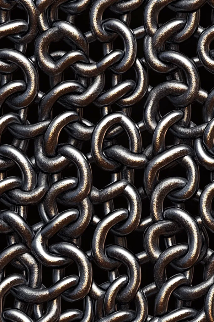 A detailed close-up reveals a dense network of interconnected metal chain links.  The links are uniformly sized and metallic, exhibiting a dark gray color with subtle highlights suggesting a textured, possibly brushed or worn, surface. The intricate pattern creates a visually complex and repetitive texture, reminiscent of chainmail armor or a highly structured metallic mesh. The background is uniformly dark, enhancing the metallic links' prominence.