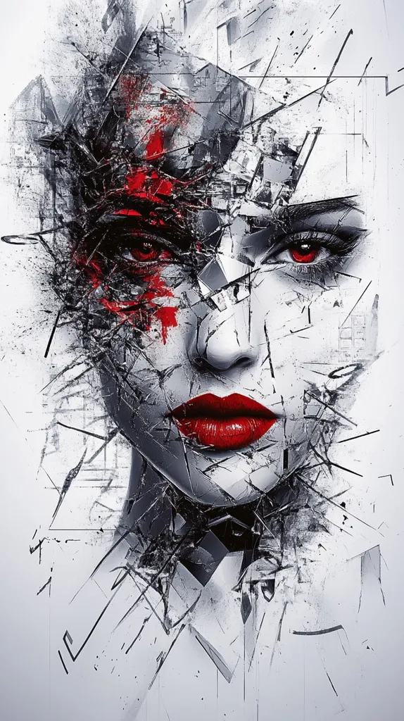 A striking abstract portrait of a woman's face, rendered in grayscale with splashes of red.  The image is fragmented, with shards of what appears to be broken glass or a shattered surface overlaying the face.  Her intense red eyes and lips contrast sharply with the monochrome background, creating a dramatic and emotionally charged piece. The style is reminiscent of cubism and digital art.