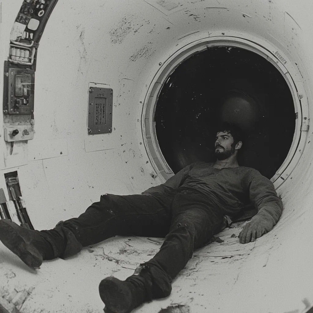 A black and white photograph depicts a bearded man lying on his back inside a large, cylindrical metal structure.  He's dressed in dark clothing and appears relaxed, gazing towards the circular opening at the far end of the cylinder. The interior walls show signs of wear and markings, suggesting an industrial or possibly spacecraft setting.  The overall mood is somber and contemplative.
