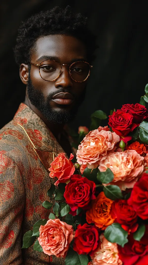 A portrait of a young Black man with short, dark curly hair. He wears round, tortoise-shell glasses and a patterned, reddish-brown jacket.  He holds a large bouquet of red and peach roses close to his chest, his expression serious and intense. The background is dark and moody, enhancing the contrast with the vibrant colors of the flowers and his attire.