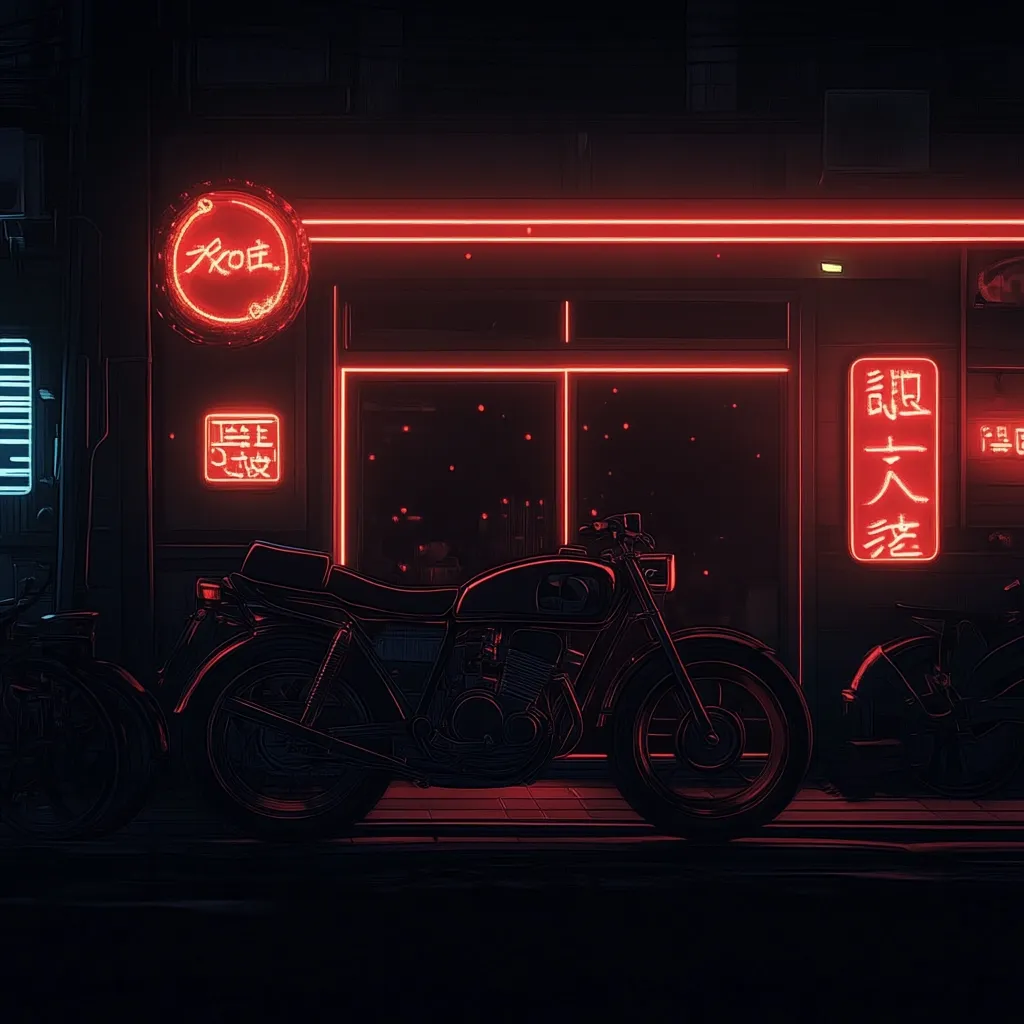 A classic motorcycle is parked outside a dimly lit Asian restaurant at night.  Neon signs in red Chinese characters illuminate the building and cast a warm glow on the bike.  The scene is dark and atmospheric, evoking a sense of quiet mystery in a vibrant urban setting.  Other motorcycles are partially visible in the shadows.  The overall aesthetic is stylish and evocative of cyberpunk or retro-futuristic themes.