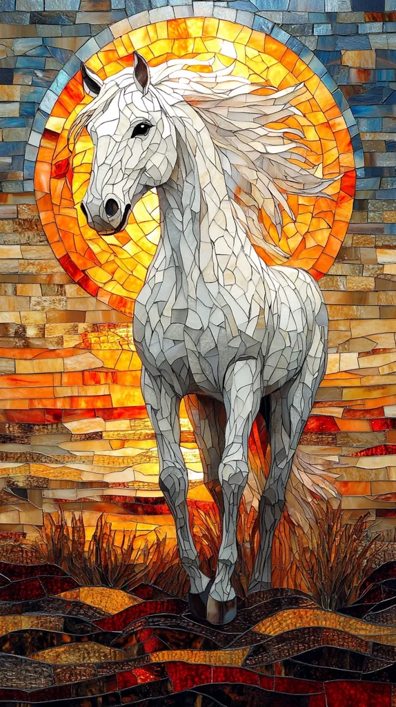 A stunning mosaic artwork depicts a white horse standing in a field at sunset.  The horse, rendered in shades of grey and white, is the central focus, its mane and tail flowing.  The background is a vibrant mosaic of oranges, reds, and yellows creating a dramatic sunset effect.  The detailed craftsmanship of the small tiles gives the piece a rich texture and depth.