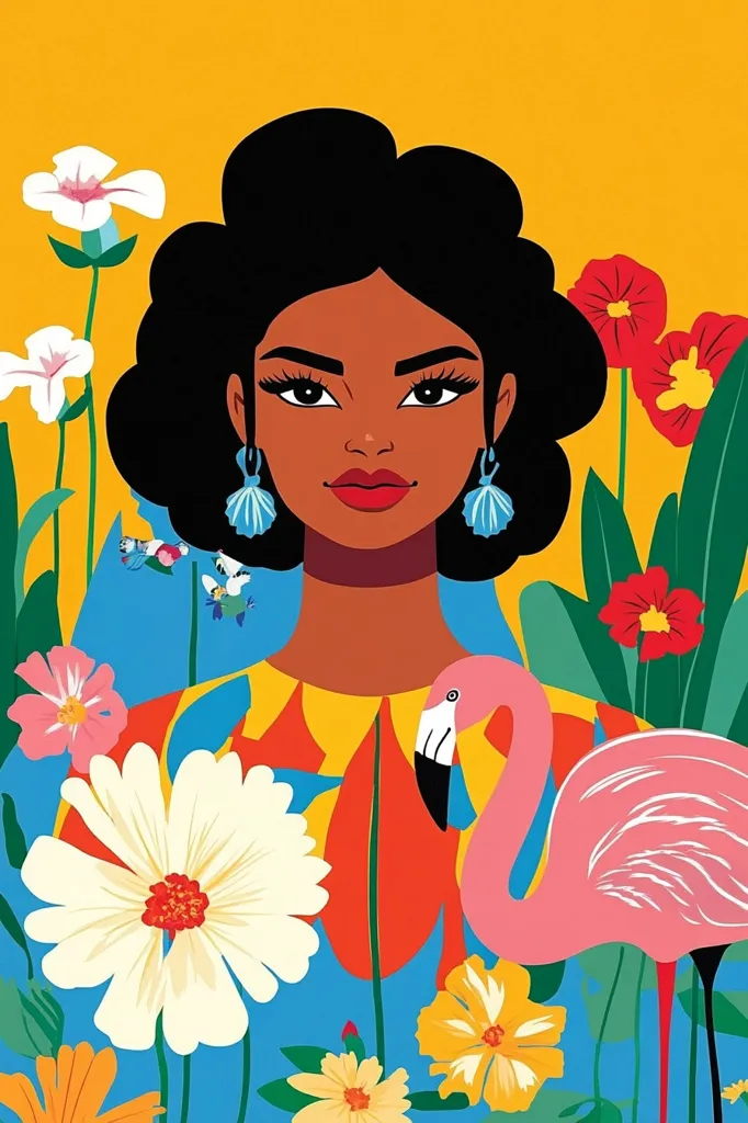 A vibrant illustration features a Black woman with an afro, adorned with shell earrings, at the center. She's dressed in a colorful, patterned shirt amidst a lush garden of bold flowers and leaves. A pink flamingo is subtly positioned beside her, adding to the tropical aesthetic. The backdrop is a bright yellow, enhancing the overall cheerful and bold composition. The style is reminiscent of modern illustration and graphic design.